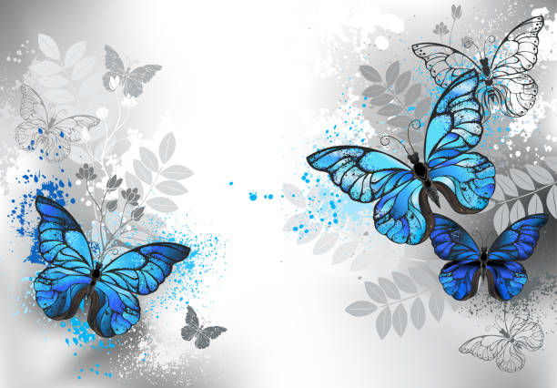 illustrations, cliparts, dessins animés et icônes de papillons bleus avec des plantes sauvages - blue silk morpho butterfly