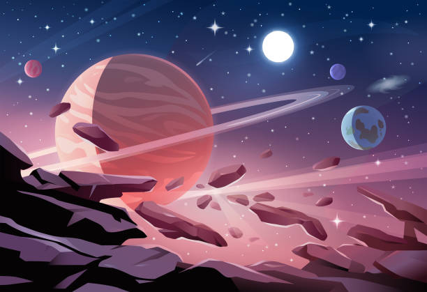 Asteroids In Front Of Gas Giant Vector illustration of a colorful space scene with planets, astroids, stars, nebulas and comets. Concept and background related to space, space exploration and observation and astronomy. extrasolar planet stock illustrations