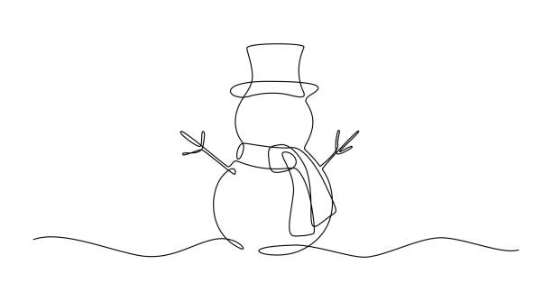 illustrations, cliparts, dessins animés et icônes de dessin continu d’une ligne de bonhomme de neige de noël en chapeau avec foulard. mignon personnage d’hiver dans le style doodle. illustration vectorielle liner - bonhomme de neige