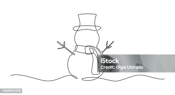 istock Continuous one line drawing of christmas Snowman in hat with scarf. Cute Winter character in doodle style. Liner Vector illustration 1345941378