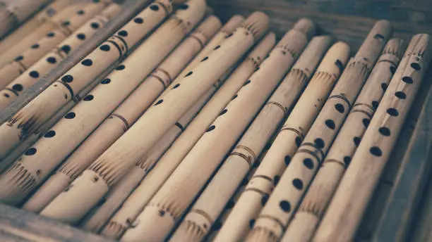 Close up of bamboo flute collection