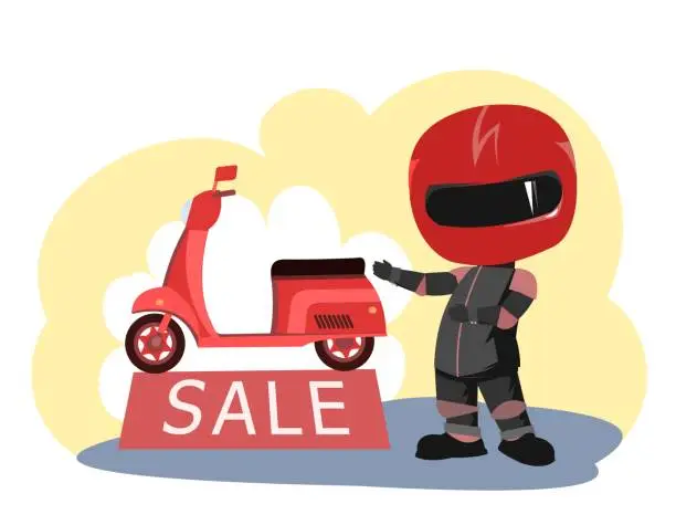 Vector illustration of Scooter driver. Biker Cartoon. Child illustration. Sale. In a sports uniform and a red helmet. Cool motorcyclist. Isolated on white background. Vector