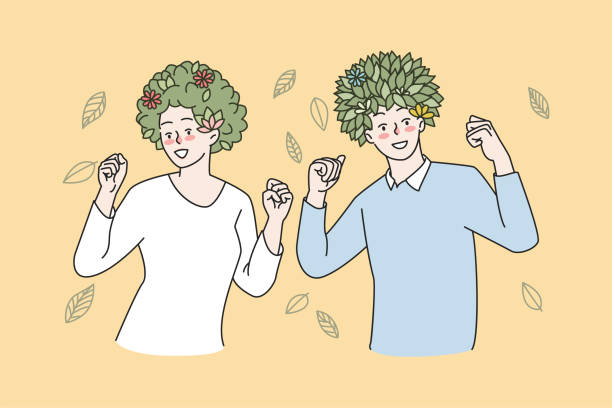 illustrazioni stock, clip art, cartoni animati e icone di tendenza di le persone felici hanno piante verdi sulla testa - last opportunity emotional stress green