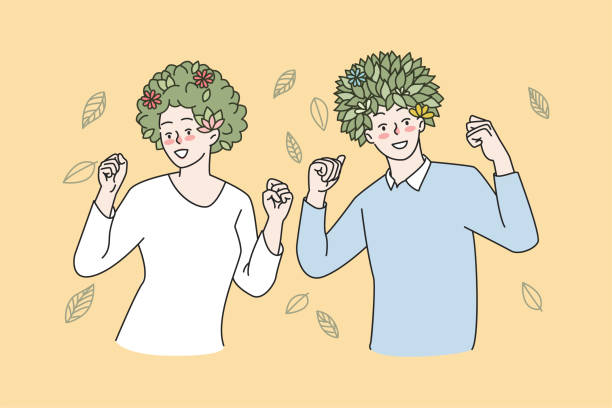 ilustrações, clipart, desenhos animados e ícones de pessoas felizes têm plantas verdes na cabeça - last opportunity emotional stress green