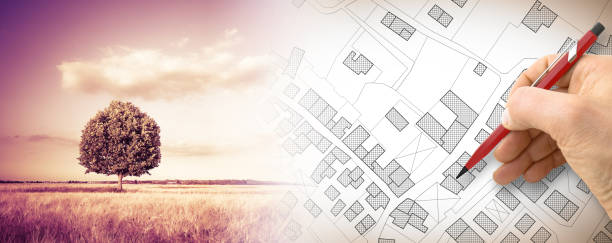istock Hand drawing an imaginary cadastral map of territory with a tree on background - 