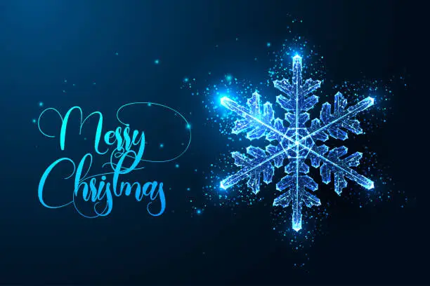 Vector illustration of Abstract glowing polygonal snowflake isolated on dark blue background. Merry Christmas greeting card