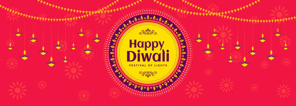 happy diwali festival banner design mit dekoration von hängenden beleuchteten öllampen. - diwali lights stock-grafiken, -clipart, -cartoons und -symbole