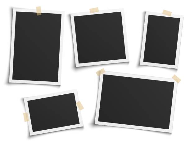 istock Photo frames realistic. Empty white photos frame vintage with adhesive tapes. Images different forms on wall, blank retro memory album. Wall collage photography mockup vector isolated set 1345946086