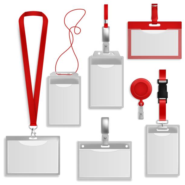 stockillustraties, clipart, cartoons en iconen met plastic id cards. identification badge blank, authentication security card tags with holder and neck lanyard. visitors accreditation, pass mockup for security. vector realistic set - sleutelkoord