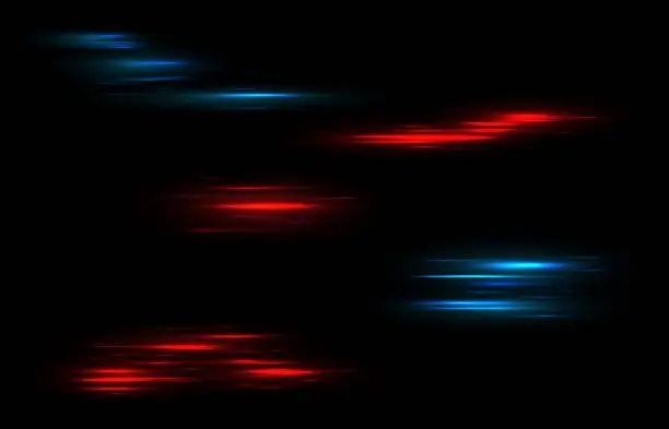 Vector illustration of Stripes light. Blue and red shiny neon lines, data connection futuristic abstract flash. Car fast motion trail effect, laser stream, night power tails vector isolated realistic set
