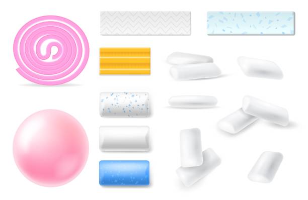 illustrations, cliparts, dessins animés et icônes de tampons à mâcher du chewing-gum. réaliste différentes saveurs et formes bubble gum. tampons, assiettes et spirale torsadée, bonbons gélifiés. menthol et goût sucré, santé dentaire, ensemble isolé de vecteur de fraîcheur bucco-dentaire - bubble foil