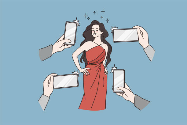 Happy woman celebrity pose for photographers on event Beautiful woman star pose on red carpet for photographer reporters making pictures on smartphones. Smiling female celebrity on event photographed by journalists. Flat vector illustration. paparazzi photographer illustrations stock illustrations
