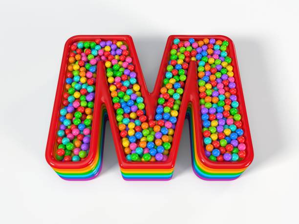 letter m shaped child pool filled with plastic toy balls. 3d illustration - letter m alphabet three dimensional shape plastic imagens e fotografias de stock