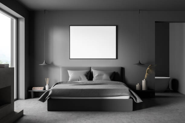istock Horizontal canvas on dark grey wall of bedroom with background bathtub 1345948330