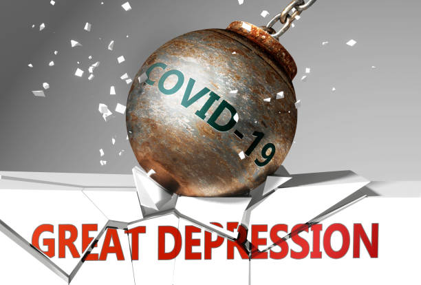 istock Great depression and coronavirus, symbolized by the virus destroying word Great depression to picture that covid-19  affects Great depression and leads to a crash and crisis, 3d illustration 1345948345