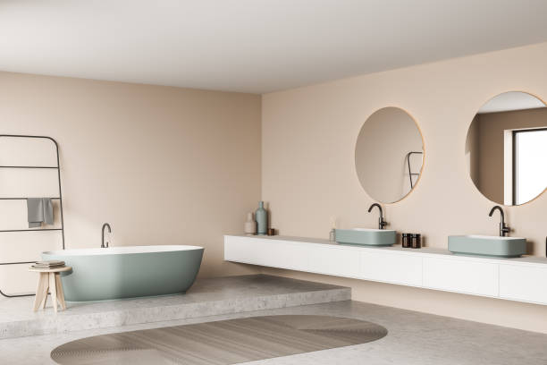 istock Corner view of beige and green bathroom 1345948492