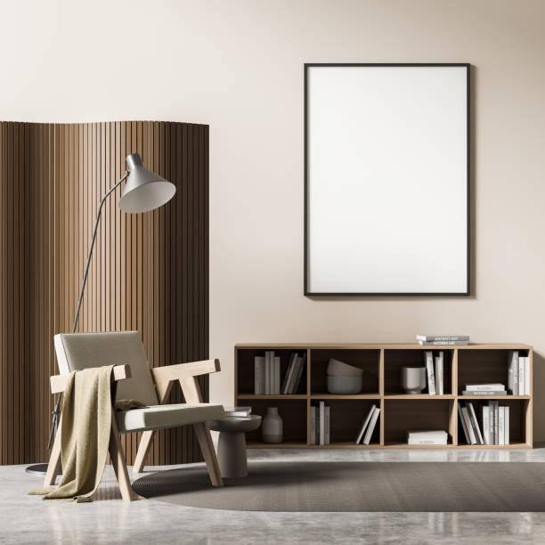 istock Living room interior with white empty poster and bookshelf 1345948626