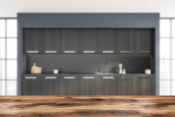 istock Table for product dispaly with background black kitchen 1345948679