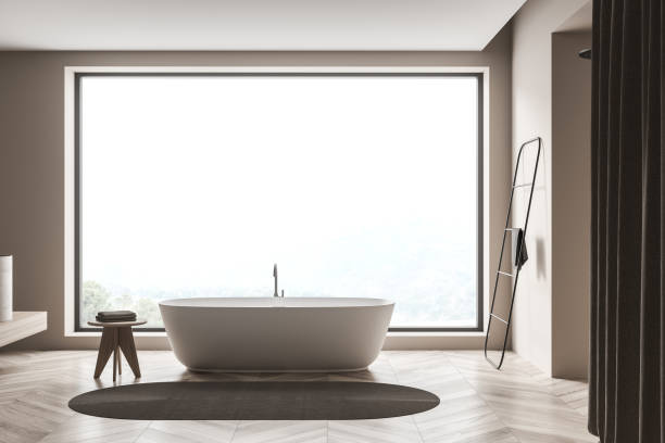 istock Side view on bright bathroom interior with bathtub, shower 1345948959