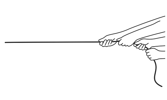 Hands pulling rope. Hand drawn vector illustration. Black and white.