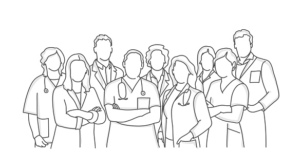 Team of medical workers. Hospital staff. Medical concept. Hand drawn vector illustration. Black and white.