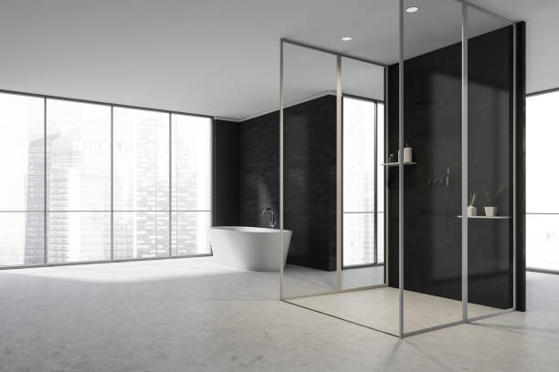 istock Black partitions in the corner view of black-and-white panoramic bathroom 1345948976