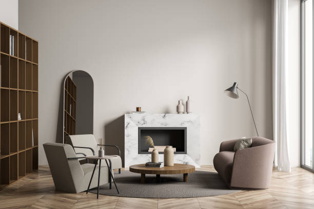istock Living room interior with two armchairs, fireplace, couch 1345950135