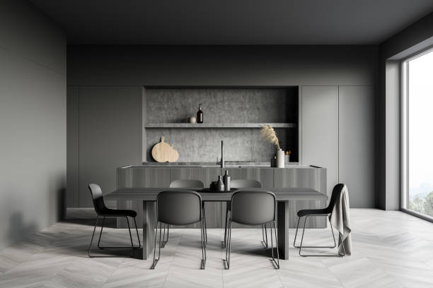 istock Dark cozy kitchen room interior with dining table, six chairs 1345950249
