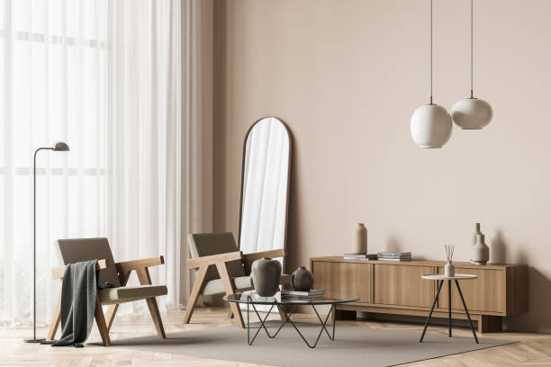 istock Modern beige living room area. Corner view. 1345950473