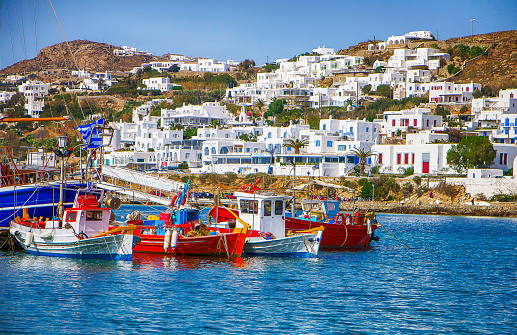 Harbor with colorful old fishing boats in Mykonos Island, Greece
