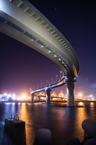 A night view with a curvy bridge across water above leading to industrial factories.