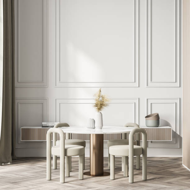 istock Living room interior with table, four chairs, books and crockery 1345951872