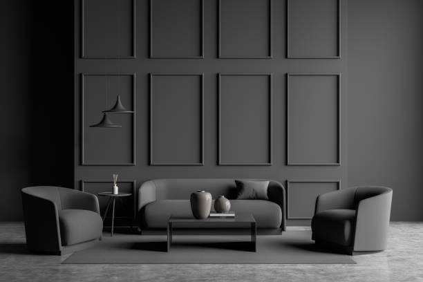 istock Stylish dark grey living room 1345951917