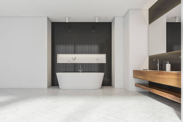 istock White and black minimalist bathroom design with wood alike vanity 1345951967