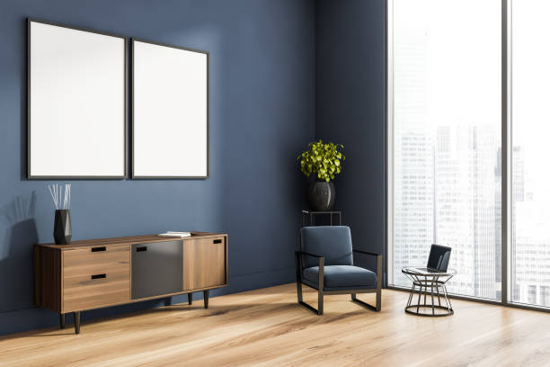 istock Living room interior with panoramic window and two white poster 1345952127