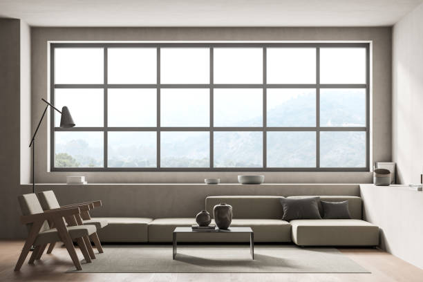 istock Japanese windows in beige living room with horizontal design 1345952530