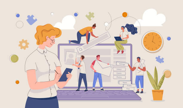 ilustraciones, imágenes clip art, dibujos animados e iconos de stock de concepto de equipo de desarrollo de software. - web designer