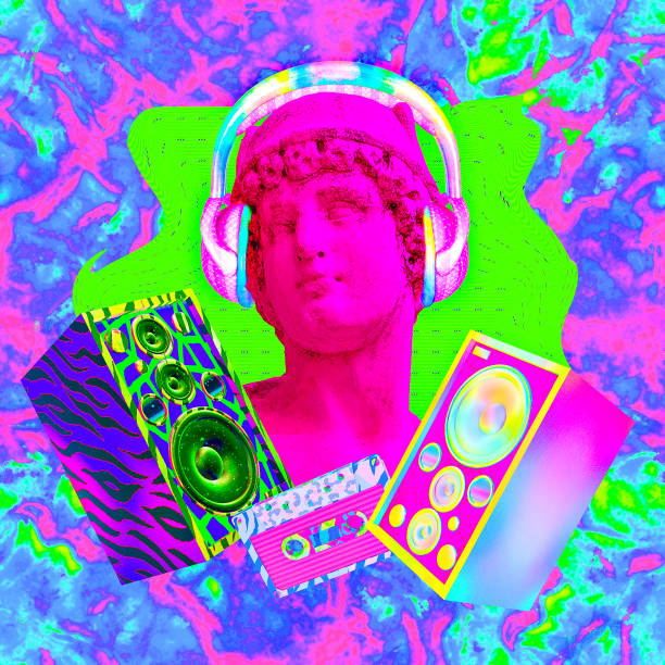 Contemporary art minimal concept collage. Antique statue male and Dj Disco stuff. Back in 90s party style. Zine and vapor wave cuture stock photo