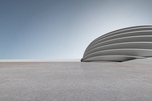 istock 3d render of concrete architecture with car park, empty cement floor. 1345953503