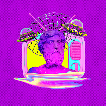 Contemporary minimal collage art. Antique statue Male in cosmic funny space. Back in 80, 90s party style. Retro Zine and vapor wave cuture concept