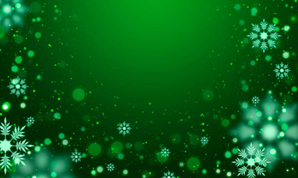 istock Christmas green illustration with white snowflakes and falling snow. 1345953969