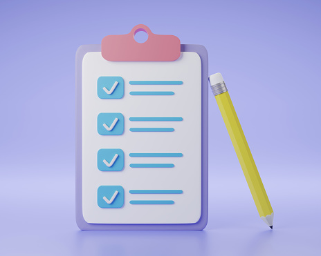 White clipboard with checklist on purple background. 3d render illustration.
