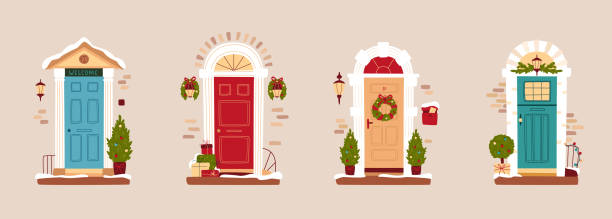 크리스마스장식의 겨울 문 세트 - wreath christmas door snow stock illustrations