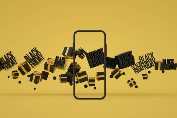 istock Blank Screen Smart Phone, Black Friday Background, Flying Gift Boxes 1345959118