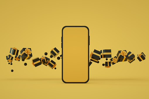 3d rendering of Blank Screen Smart Phone, Black Friday Background. Flying Gift Boxes.