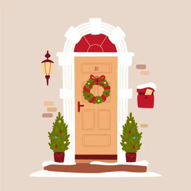 Vector illustration of Entrance door decorated for Christmas