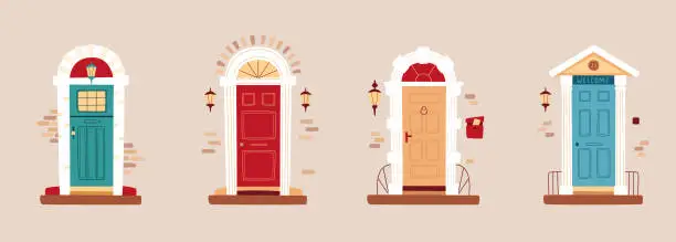 Vector illustration of Set of vintage front Doors