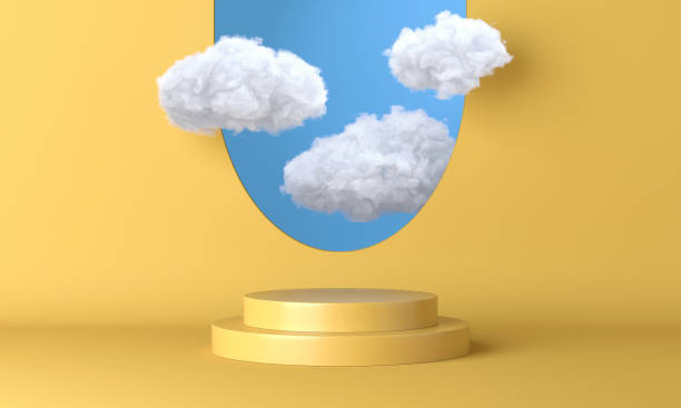 istock Bright yellow podium, stand, platform with flying white clouds and blue sky. 3d rendering 1345961280