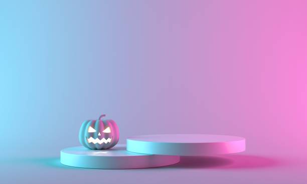 istock Pink Halloween pumpkin with podium display stand on pastel background. 3d rendering. 1345961320