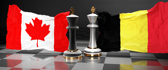 Canada Belgium summit, fight or a stand off between those two countries that aims at solving political issues, symbolized by a chess game with national flags, 3d illustration.